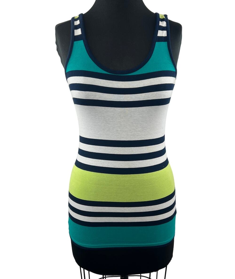 French Connection Striped Tank Top Teal Blue Green Black Yellow Size S Small